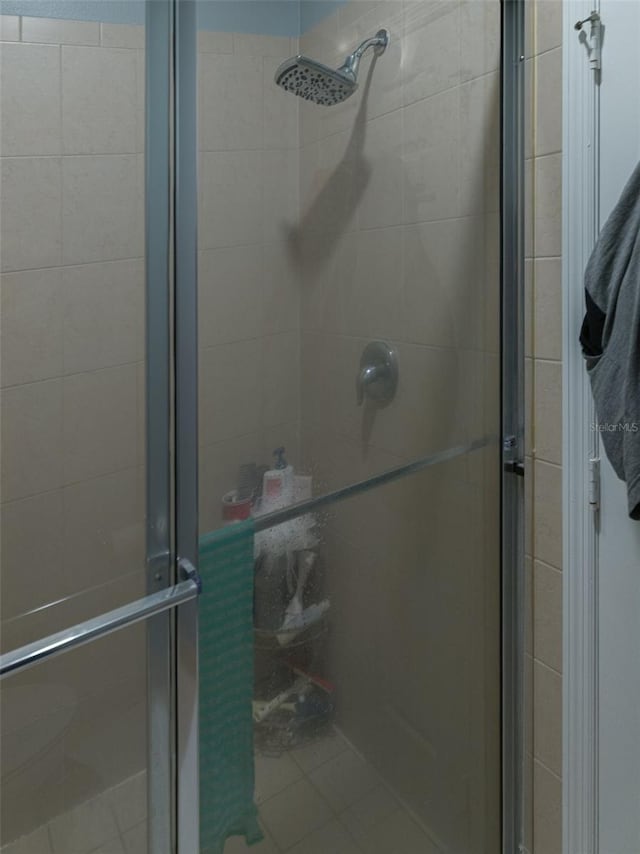 bathroom featuring a shower with shower door