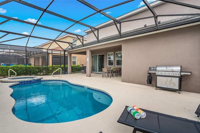 view of swimming pool with a grill, a lanai, an in ground hot tub, and a patio