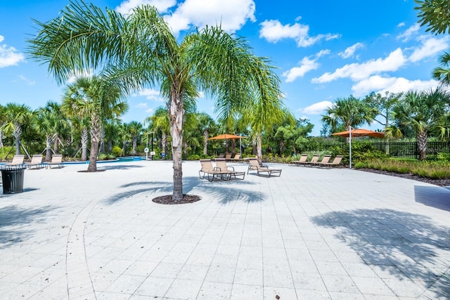 view of community with a patio and a swimming pool