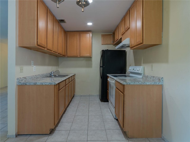 kitchen with light tile patterned floors, sink, and white electric stove