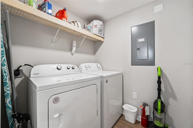 laundry area featuring electric panel, washing machine and dryer, and hardwood / wood-style flooring