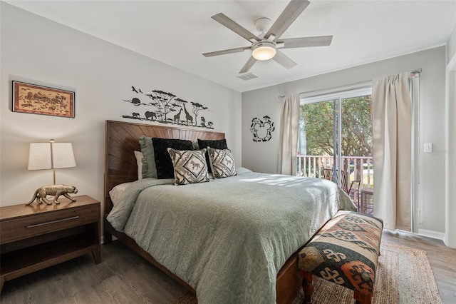 bedroom with ceiling fan, access to exterior, and wood-type flooring