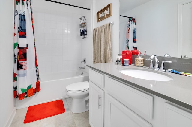 full bathroom with vanity, tile patterned flooring, shower / bathtub combination with curtain, and toilet