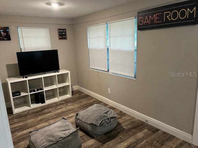 living area with wood-type flooring and a textured ceiling