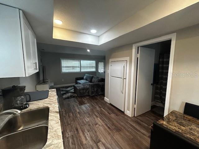 living room with sink, dark wood-type flooring, and a tray ceiling