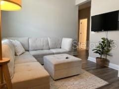 living room with dark hardwood / wood-style flooring