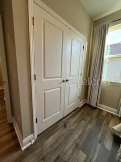 unfurnished bedroom featuring a closet and dark hardwood / wood-style flooring