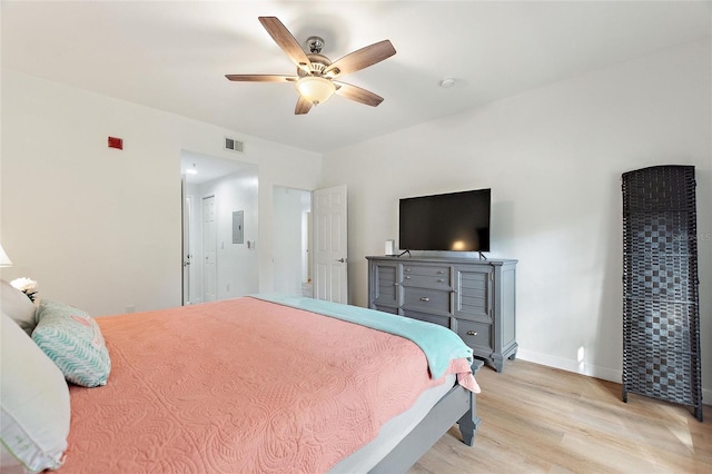 bedroom with ceiling fan and light wood-type flooring