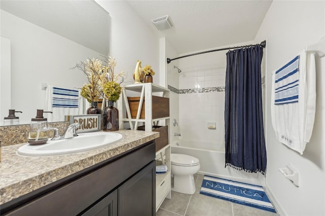 full bathroom with tile patterned flooring, vanity, toilet, and shower / bathtub combination with curtain