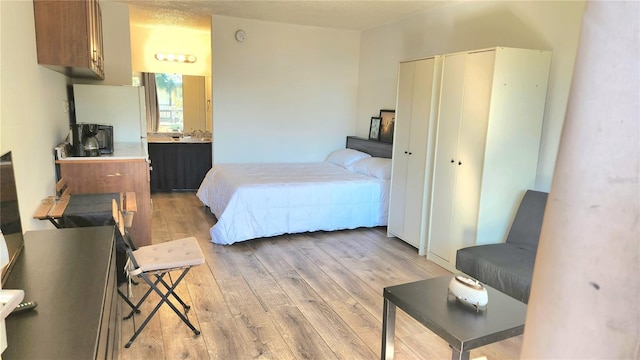 bedroom featuring a textured ceiling, light hardwood / wood-style flooring, and a closet