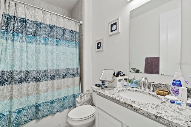 full bathroom with vanity, toilet, and shower / bathtub combination with curtain