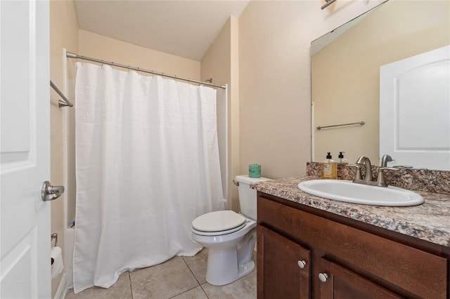 full bathroom with toilet, shower / tub combo, vanity, and tile patterned floors