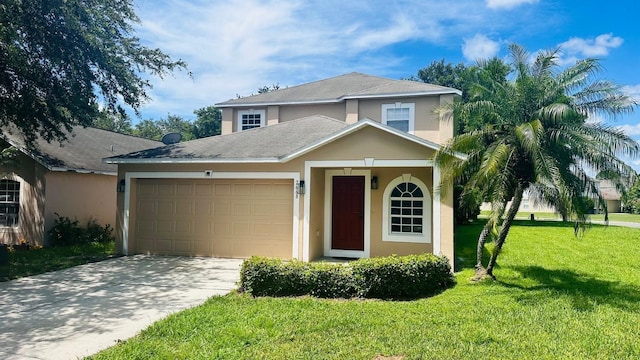 front facade with a garage and a front lawn