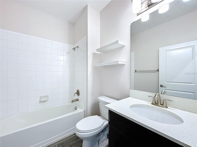 full bathroom featuring vanity, shower / bathtub combination, toilet, and wood-type flooring