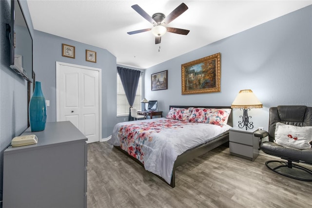 bedroom with dark hardwood / wood-style flooring, a closet, and ceiling fan