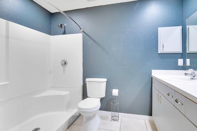 bathroom featuring walk in shower, tile patterned flooring, vanity, and toilet