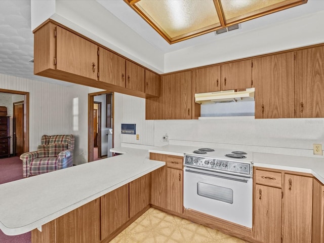 kitchen featuring electric stove and kitchen peninsula