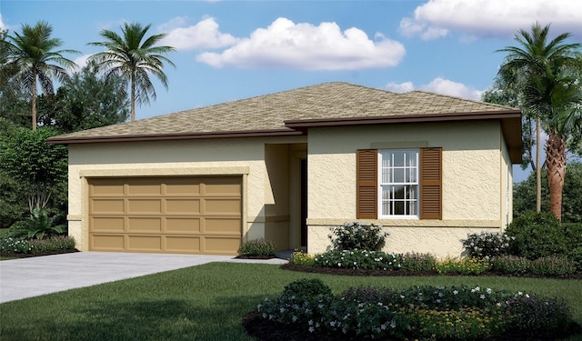 view of front of property with a garage and a front lawn