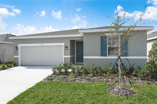 ranch-style house with a front lawn and a garage