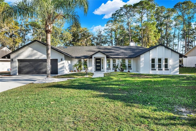 single story home with a garage and a front yard