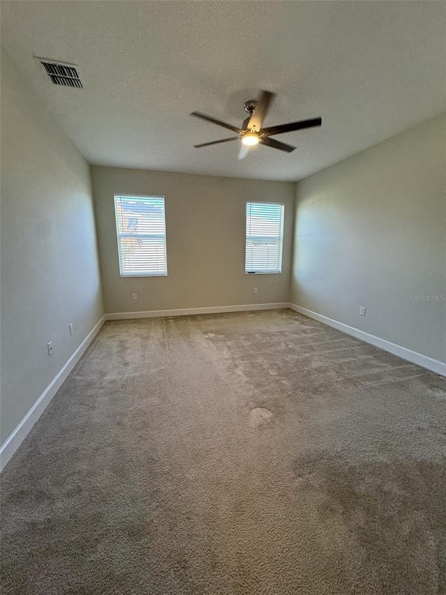 unfurnished room featuring a textured ceiling, carpet floors, a wealth of natural light, and ceiling fan