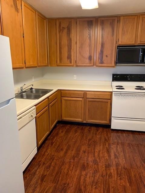 kitchen featuring dark hardwood / wood-style flooring, white appliances, and sink