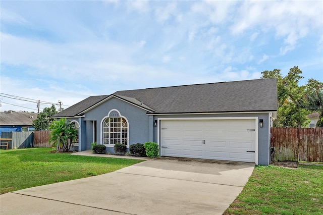 ranch-style home with a front lawn and a garage