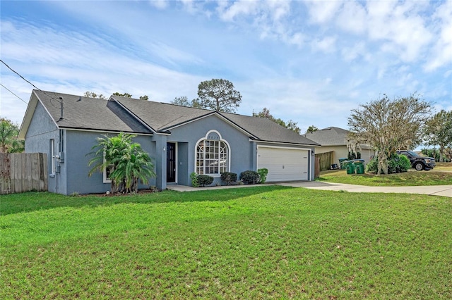 ranch-style home with a garage and a front lawn