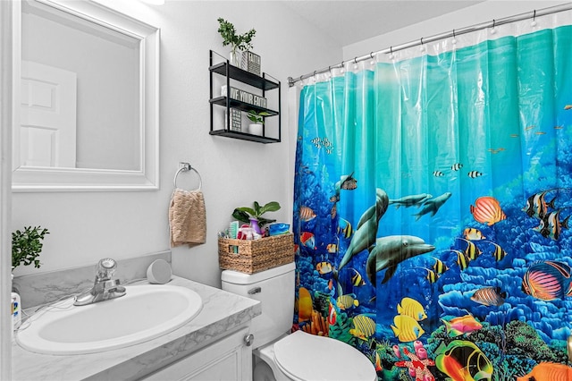 bathroom featuring a shower with curtain, vanity, and toilet