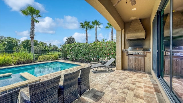 view of swimming pool with a patio, area for grilling, and ceiling fan