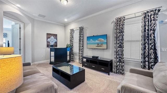 carpeted living room with ornamental molding