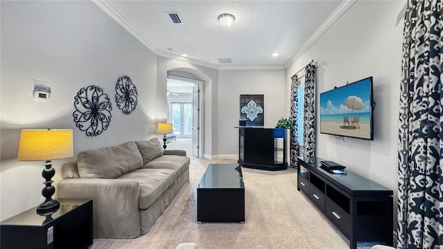 carpeted living room featuring a textured ceiling and ornamental molding