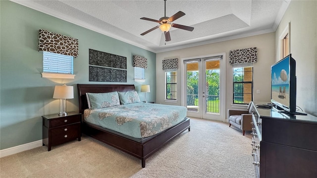 carpeted bedroom featuring french doors, crown molding, ceiling fan, access to exterior, and a textured ceiling