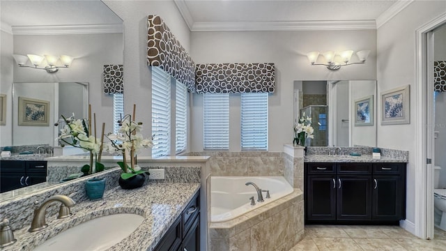 full bathroom with toilet, vanity, separate shower and tub, and crown molding