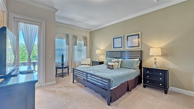 carpeted bedroom featuring a textured ceiling and crown molding