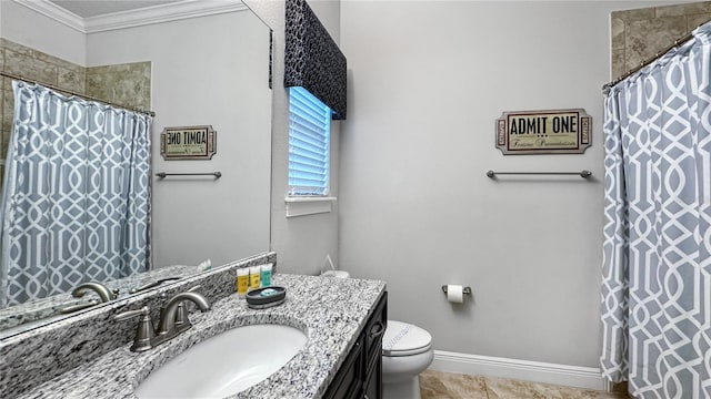 bathroom with a shower with shower curtain, vanity, toilet, and ornamental molding