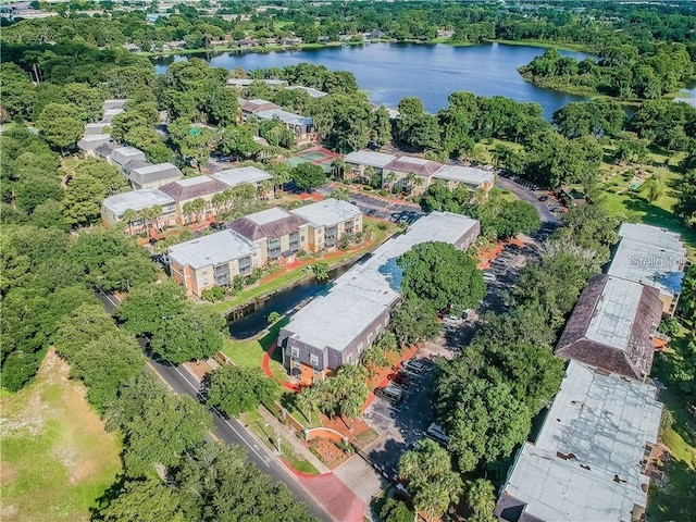 drone / aerial view with a water view