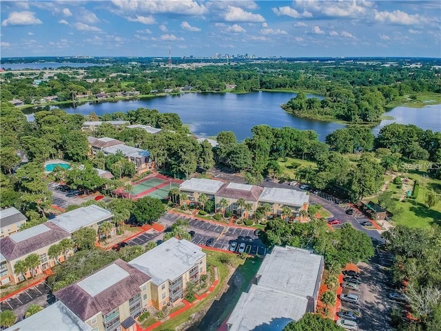 drone / aerial view with a water view