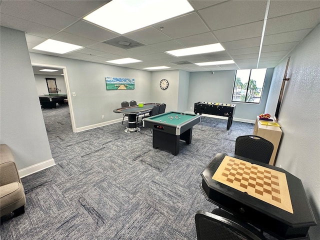 recreation room with carpet flooring, a paneled ceiling, and billiards