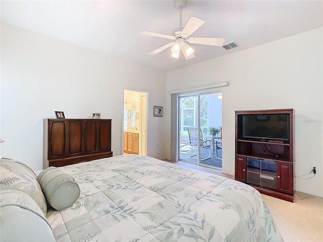 carpeted bedroom featuring access to outside and ceiling fan