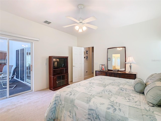 carpeted bedroom featuring access to outside and ceiling fan