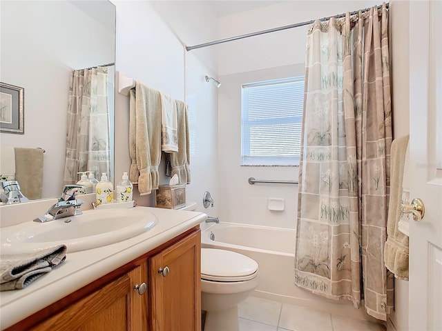 full bathroom featuring tile patterned floors, vanity, shower / bath combination with curtain, and toilet