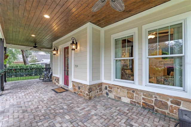 view of patio / terrace featuring ceiling fan and a porch