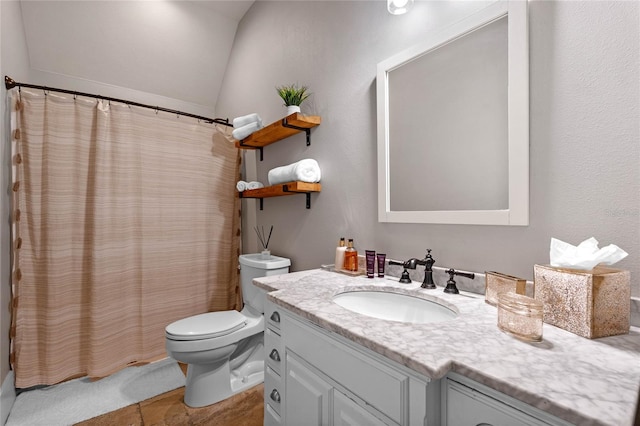 bathroom with toilet, vanity, vaulted ceiling, and walk in shower