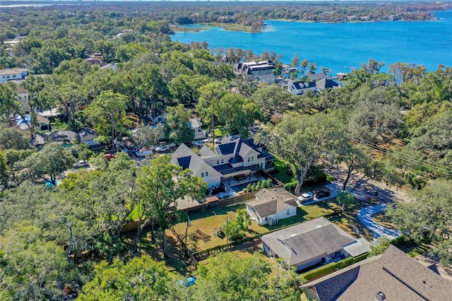 drone / aerial view with a water view