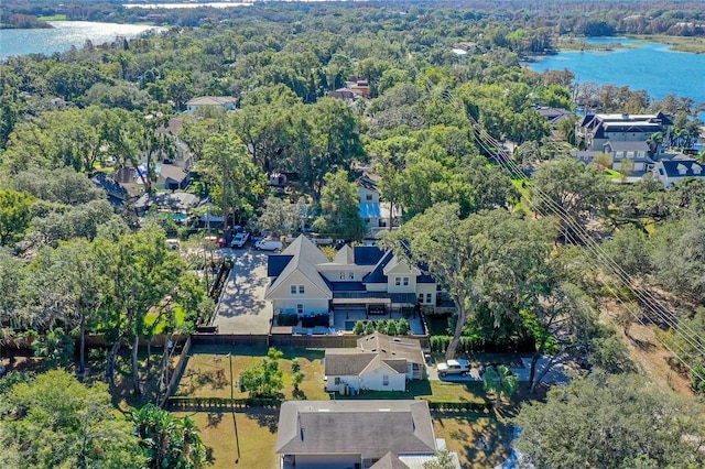 bird's eye view with a water view