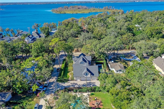 aerial view featuring a water view