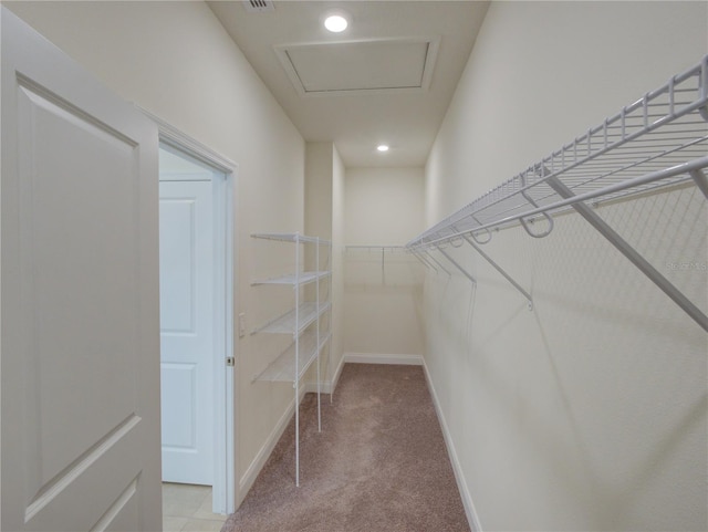 walk in closet featuring light carpet