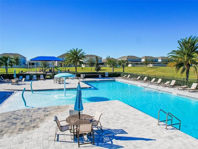 view of pool with pool water feature and a patio area