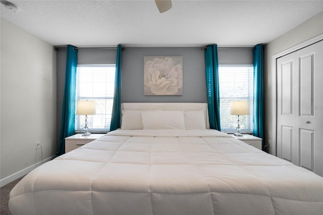 bedroom with ceiling fan, multiple windows, and a closet